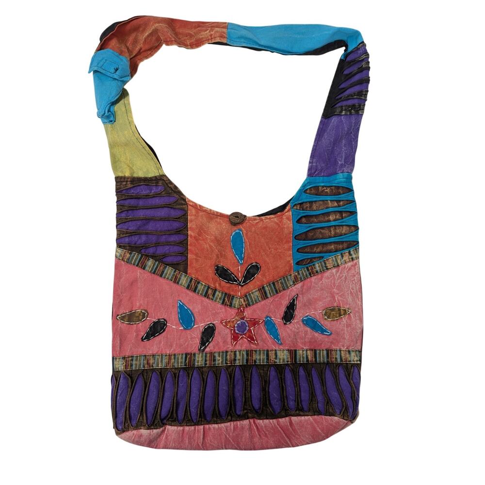 Hippie Hobo Bag w/ Colorful Cotton Patchwork embroidered flowers & star